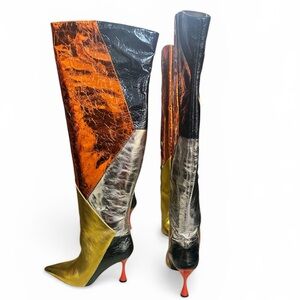 JEFFREY CAMPBELL Man-Eater Multi-Color Patchwork Knee-High Stiletto Boots